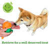 dog training treats from carrot toy given to dog by owners hand